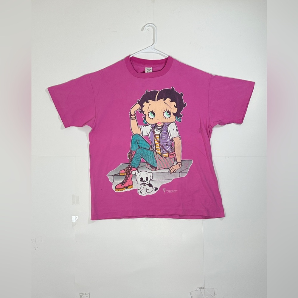 Vintage Betty Boop 80s Fashion Pudgy Dog Print T-shirt Large 1990s Pink USA RARE
